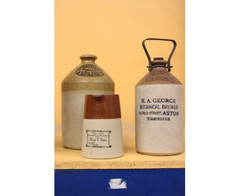THREE PIECES OF STONEWARE TO INCLUDE TWO FLAGONS, 'H A GEORGE BOTANICAL BREWER, BIRMINGHAM' AND 'OXFORD STORES', BURTON ON TR