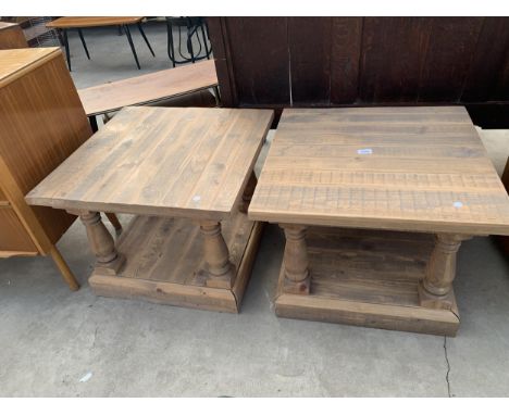 A PAIR OF TWO TIER RUSTIC TIMBER LAMP TABLES, 24" SQUARE