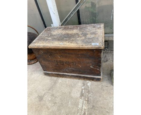 A VINTAGE WOODEN TOOL CHEST WITH CARRYING HANDLES AND MARKED 1845