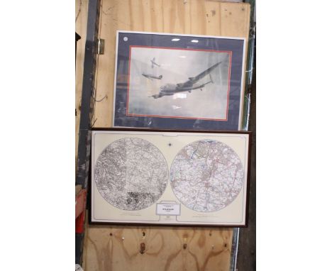 TWO FRAMED PRINTS TO INCLUDE AN ORDNANCE SURVEY MAP OF WILMSLOW AND AN AVRO LANCASTER AEROPLANE AND SPITFIRES
