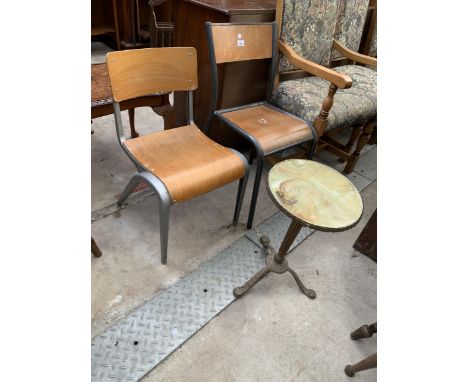 TWO SIMILAR 1950'S METAL FRAMED CHILDS CHAIRS AND AN ONYX EFFECT TRIPOD TABLE