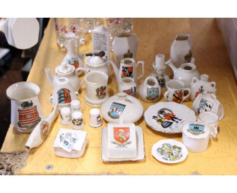 A QUANTITY OF CRESTED CHINA TOGETHER WITH CERAMIC THIMBLES AND PIN DISHES