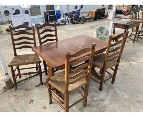 AN OAK JACOBEAN STYLE DRAW-LEAF REFECTORY DINING TABLE, 45" X 28" (LEAVES 12" EACH), AND FOUR LADDER BACK DINING CHAIRS WITH 