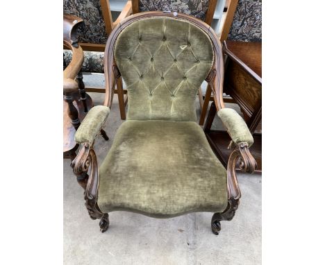 A VICTORIAN MAHOGANY SCROLL ARM OPEN ARM CHAIR WITH BUTTON BACK