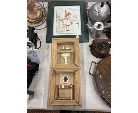 THREE FRAMED PICTURES, TWO BEING 3D HOME FURNITURE  STYLE PICTURES AND ONE PRINT OF A RABBIT PLAYING CRICKET WITH SIGNATURE P
