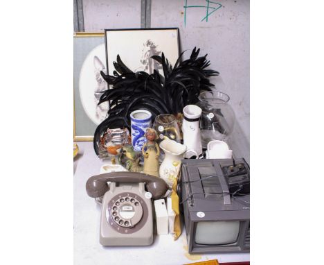 A MIXED LOT TO IINCLUDE A VINTAGE ROTARY TELEPHONE, CERAMIC BIRDS, VASES, GLASSWARE, AN ALSATIAN FRAMED PRINT, ETC