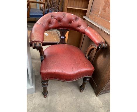 A VICTORIAN MAHOGANY TUB CHAIR WITH BUTTON BACK, SCROLL ARMS AND TURNED FRONT LEGS