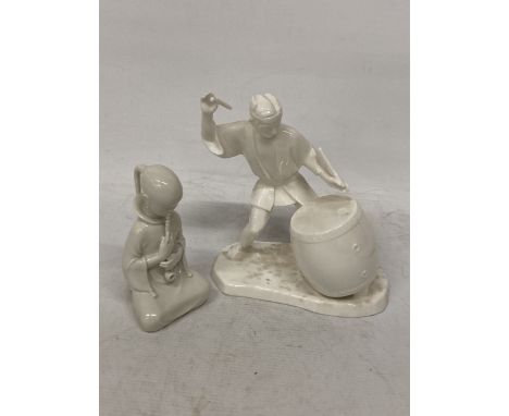 TWO FIGURES TO INCLUDE A NORITAKE CHINA NIPPON TOKI DRUMMER AND A GIRL WITH PIPE MARKED DENMARK