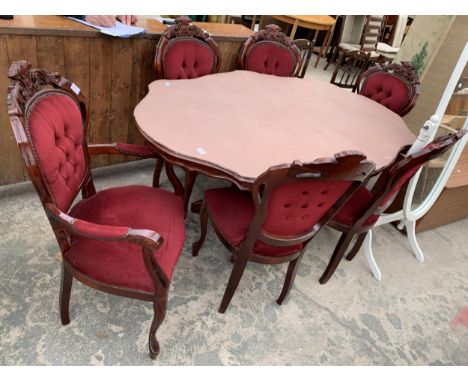 AN ITALIAN STYLE MARQUETRY INLAID PEDESTAL DINING TABLE, 68" X 44" AND SIX MATCHING BUTTON BACK DINING CHAIRS, TWO BEING CARV