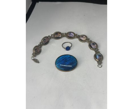 A VINTAGE MORPHE BUTTERFLY WING BRACELET, BROOCH AND RING
