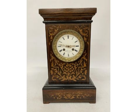 A FRENCH, LATE 19TH CENTURY (M E AND LEVIN, PARIS) ROSEWOOD AND MARQUETRY CHIMING MANTLE CLOCK WITH WHITE ENAMEL ROMAN NUMERA