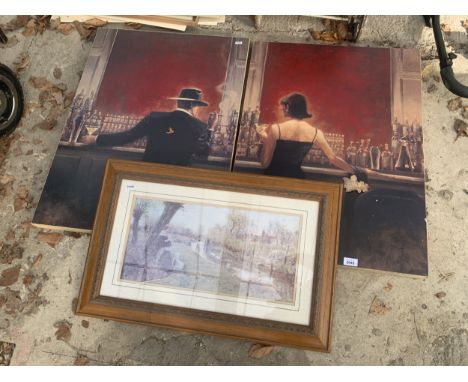 TWO CANVAS PRINTS AND A FRAMED PRINT OF A COUNTRY SCENCE