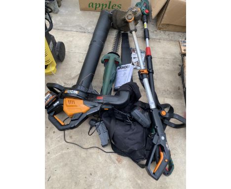 FOUR CORDLESS GARDEN TOOLS TO INCLUDE A WOX LEAF BLOWER, WORX STRIMMER, BOSCH HEDGE TRIMMER AND BOSCH LONG REACH HEDGE TRIMME