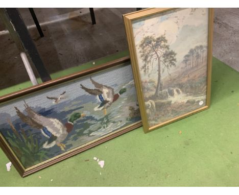 A WOOLWORK TAPESTRY OF MALLARD DUCKS AND A PRINT OF A RIVER SCENE