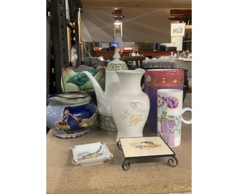 A QUANTITY OF CERAMIC ITEMS TO INCLUDE LARGE PLANTERS, VASES, JUGS, ETC
