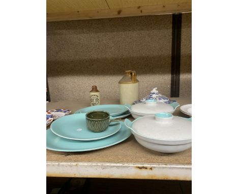 A QUANTITY OF POOLE POTTERY DINNERWARE TO INCLUDE TWO LIDDED TUREENS AND THREE SERVING PLATES PLUS A STONEWARE FLAGON AND BOT