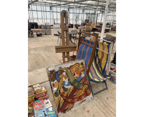 A WOODEN FOLDING ROWNEY ARTISTS EASEL AND THREE PAINTED METAL SHEETS