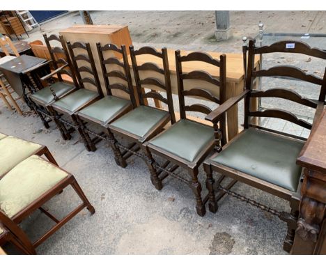 A SET OF SIX LADDER BACK JAYCEE DINING CHAIRS, TWO BEING CARVERS