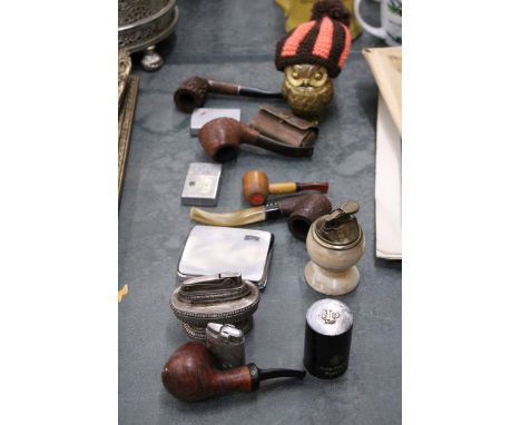 A COLLECTION OF ITEMS TO INCLUDE VINTAGE PIPES, CIGARETTE LIGHTERS TO INCLUDE A BRASS TABLE TOP OWL LIGHTER, A CIGARETTE CASE