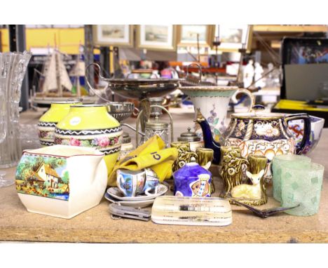 A MIXED LOT TO INCLUDE SILVER PLATED GLASS CRUET SET, A CANDLEABRA AND FOOTED BOWL A MASON'S BOWL, VINTAGE TEAPOT, VASES, ETC
