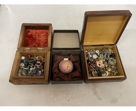 A QUANTITY OF COSTUME JEWELLERY EARRINGS IN TWO WOODEN BOXES AND A STAFFORDSHIRE ENAMELS EGG SHAPED TRINKET BOX