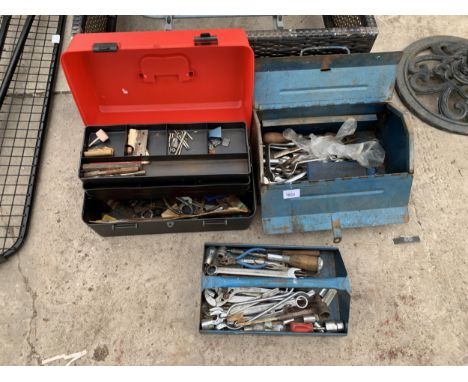 TWO TOOL BOXES AND AN ASSORTMENT OF TOOLS TO INCLUDE SPANNERS ETC