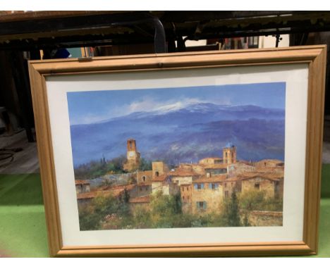 A LARGE FRAMED PRINT OF A PROVENCAL SCENE, 58CM X 78CM