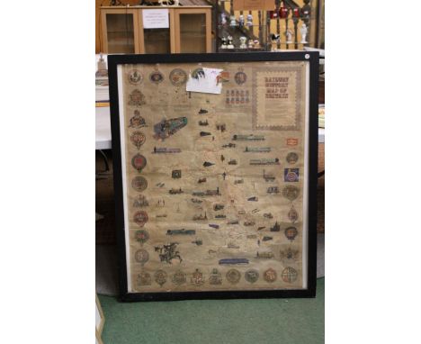 A LARGE FRAMED PRINT - RAILWAY HISTORY MAP OF BRITAIN, 88CM X 108CM