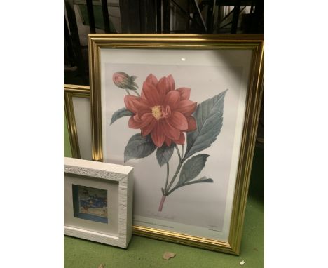 TWO GILT FRAMED PRINTS 'BAD GIRLS' SHEEP SCENE, 'DAHLIA DOUBLE' FLOWER PRINT AND A 3D CROSS STITCH SEASIDE SCENE IN A WOODEN 