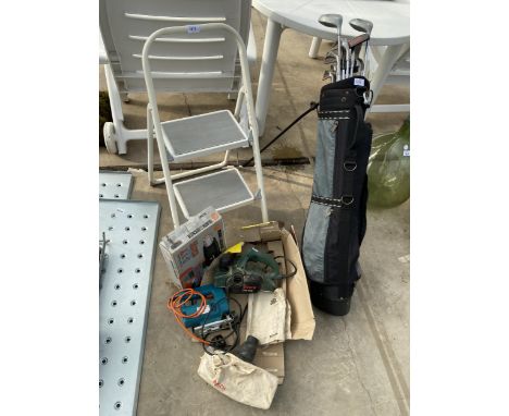 A TWO RUNG STEP LADDER AND THREE POWER TOOLS TO INCLUDE A BOSCH PLANE AND A BLACK AND DECKER JIGSAW