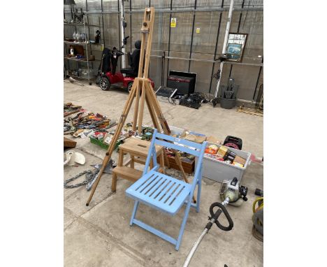 A WOODEN FOLDING CHAIR, A WOODEN ARTISTS EASEL AND A KITCHEN STEP