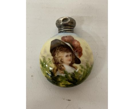 A LATE 19TH CENTURY CERAMIC SCENT BOTTLE WITH LADY DECORATION WITH A HALLMARKED BIRMINGHAM SILVER TOP, HEIGHT 5.5CM