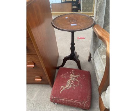 A MAHOGANY AND INLAID TRIPOD WINE TABLE AND SMALL STOOL ON BUN FEET