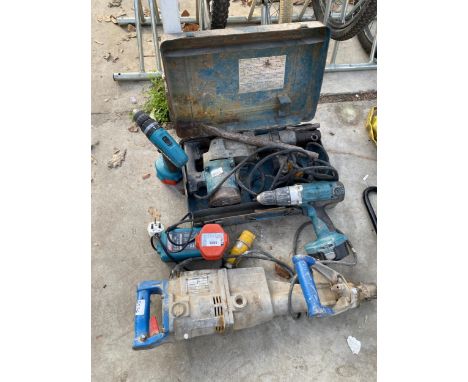 AN ASSORTMENT OF POWER TOOLS TO INCLUDE TWO BREAKER DRILL AND TWO MAKITA BATTERY DRILLS