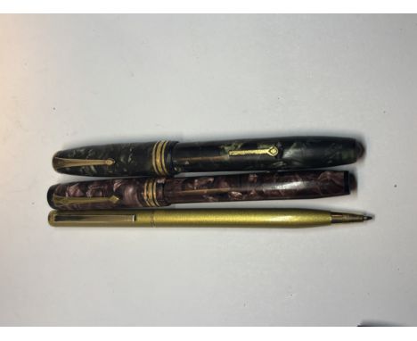 TWO VINTAGE CONWAY FOUNTAIN PENS WITH 14 CARAT GOLD NIBS AND A FUTHER BIRO