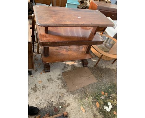 A VICTORIAN MAHOGANY THREE TIER ADJUSTABLE BUFFET TABLE, 42" X 20" ON SCROLL FEET