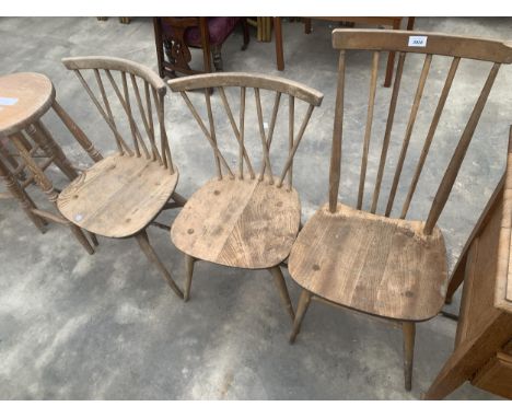 A PAIR OF ERCOL CROSSBACK DINING CHAIRS AND SIMILAR HIGH STICK BACK CHAIR