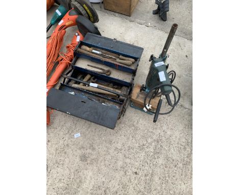 A TOOL BOX AND AN ASSORTMENT OF TOOLS TO INCLUDE A PROLINE DRILL WITH DRILL STAND, HAMMERS AND FILES ETC