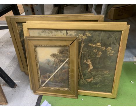 FIVE FRAMED VINTAGE PRINTS, FOUR OF HUNTING SCENES AND ONE OF COWS ON A HILLSIDE