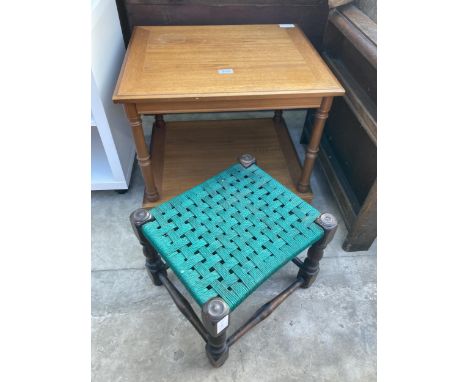 AN OAK TWO TIER LAMP TABLE AND STOOL