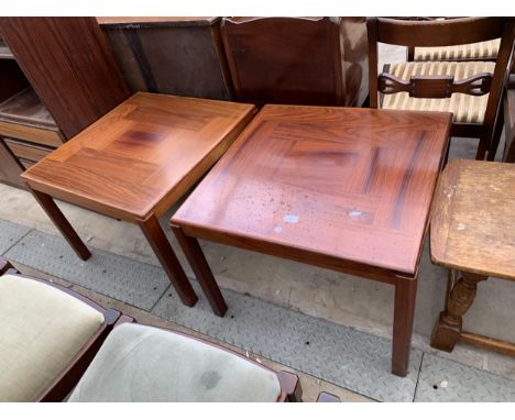 A PAIR OF RETRO HARDWOOD COFFEE/LAMP TABLES WITH CROSS CUT INSET TOPS, 27.5" SQUARE BEARING STAMP VEILE, STOLE-OG MOBELFABRIK