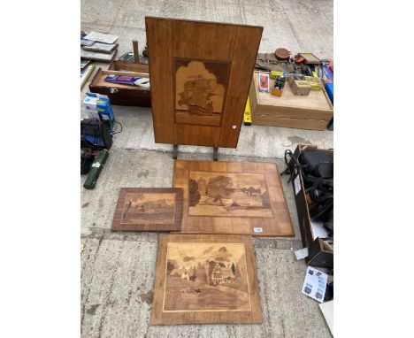 FOUR ETCHED WOODEN PANELS TO INCLUDE A FIRE SCREEN