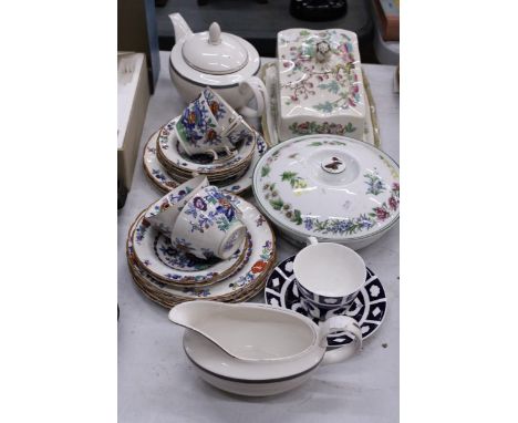 A ROYAL WORCESTER WORCESTER HERBS LIDDED DISH, BOOTHS POMPADOR PART TEASET, INDIAN TREE LARGE CHEESE DISH, ETC.,