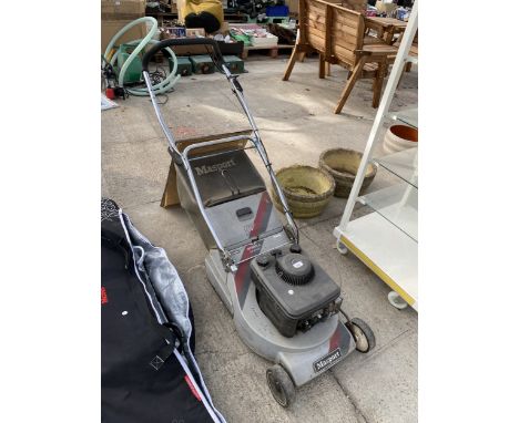 A MASPORT PETROL LAWNMOWER WITH A BRIGGS AND STRATTON ENGINE AND GRASS BOX