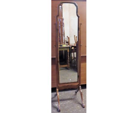 Walnut veneered vintage cheval mirror. App. 158cm H Reasonable used condition, scuffs and scratches, wear to polish