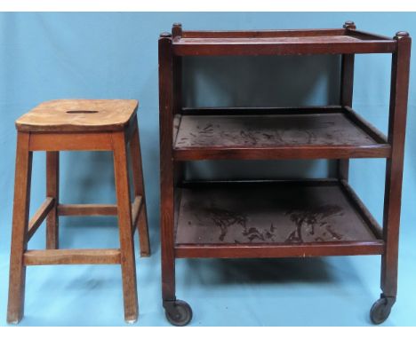Oak tea trolley, plus small vintage stool both used with wear due to age