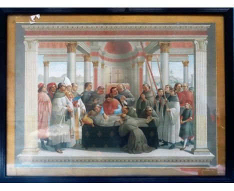 Framed religious print depicting the death of St Francis. App. 49 x 67cm Reasonable used condition