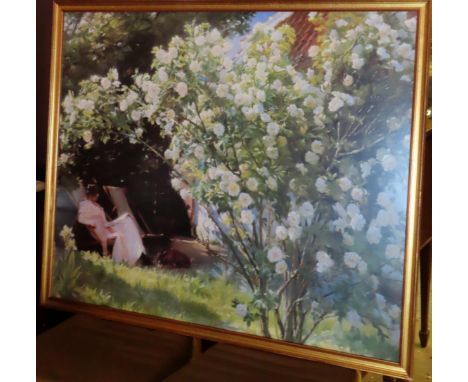 Large gilt framed polychrome print depicting a garden scene. App. 90 x 110cm Appears in reasonable used condition