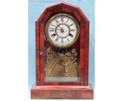 19th century Mahogany cased Amercian mantle clock by Jerome &amp; Co. App. 47cm H Used and worn condition, not tested for wor