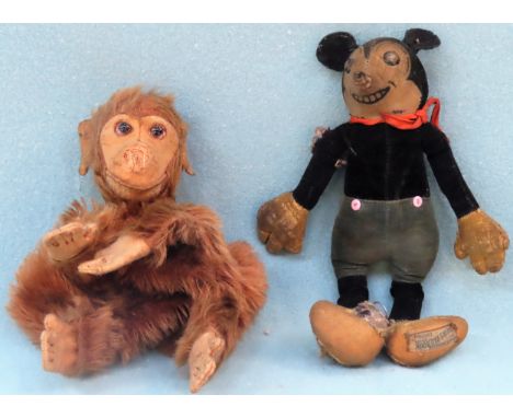 Vintage Deans rag book Mickey Mouse, plus early Monkey form hand puppet Both in used and worn condition